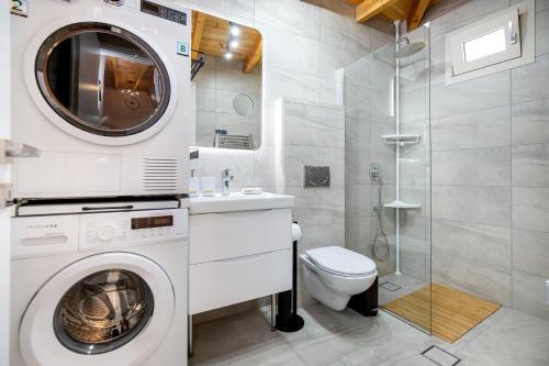 a bathroom with a washing machine and a shower at The 2D Stay in Theológos