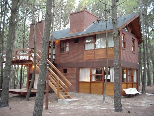 a house in the woods with a tree at Cabañas El Ocio in Mar de las Pampas