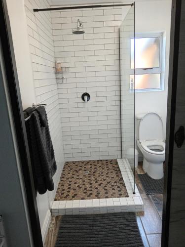 a bathroom with a shower and a toilet at Perdekuil in Stilbaai-Wes
