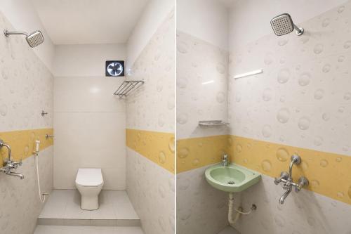 two pictures of a bathroom with a sink and a toilet at FabHotel Mara Residency in Chennai