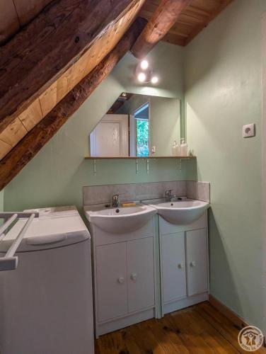 a bathroom with two sinks and a mirror at La grange de martine in Saccourvielle