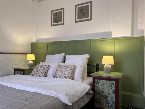 a bedroom with a bed with a green headboard and two lamps at Гостьовий дім PATRICK in Sanzhiyka
