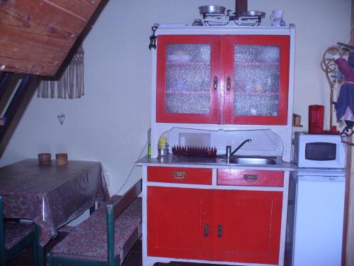 Czerwona kuchnia ze zlewem i kuchenką mikrofalową w obiekcie Chalupa na lazoch w mieście Nová Baňa