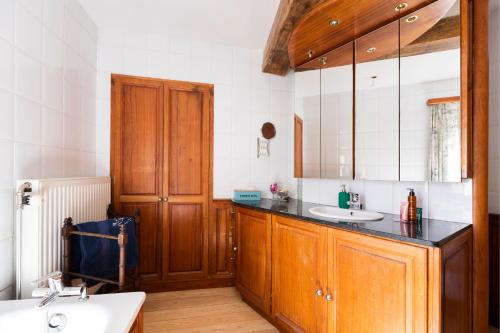 a bathroom with a sink and a mirror at Côté cour, côté source chambre d'hôtes in Chaudfontaine