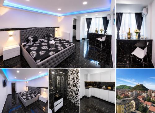 a collage of photos of a room with a bed and a view at Yoa apartaments in Deva