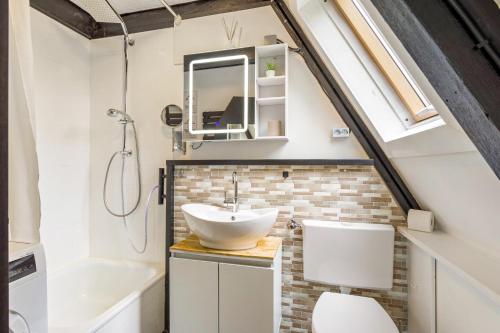 a bathroom with a sink and a toilet at Tiny House Trudi mit Garten in Bad Wünnenberg