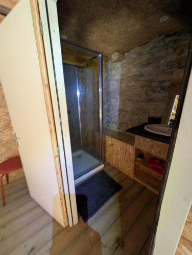 a bathroom with a shower and a sink at Cabane du Serris - Expérience insolite dans les Pyrénées in Beaudéan