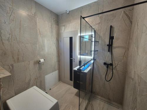 a bathroom with a toilet and a glass shower at Luca Villa in Balatonlelle