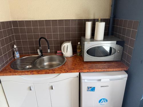 eine Küchenarbeitsplatte mit Spüle und Mikrowelle in der Unterkunft Riia 10, 2-bedroom apartment - 2 big beds 1 extra bed-parking free in Tartu