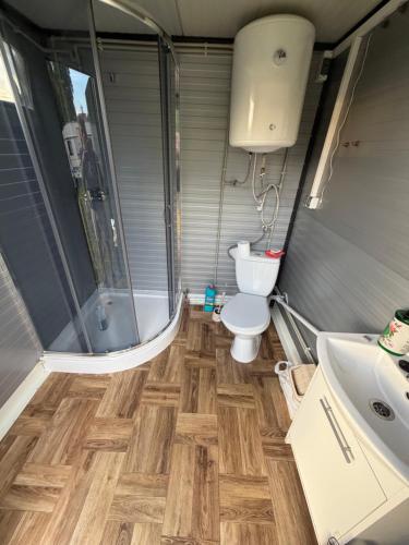 a bathroom with a toilet and a shower and a sink at Przystań Lubikowo in Lubikowo