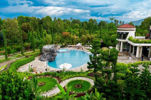 an overhead view of a swimming pool in a garden at Grotta Resort in Gasanze