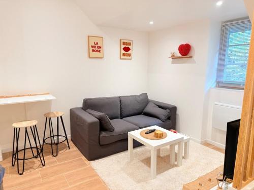a living room with a couch and a table at Jacuzzi privé - Netflix - Wi-Fi - parking gratuit in Châtel-Guyon