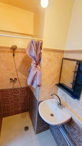 a bathroom with a sink with a bow on the wall at Comfort Apartment in Einzorene