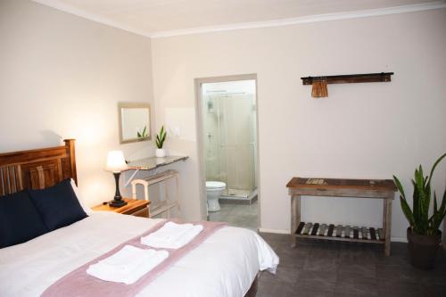 a bedroom with a bed and a desk and a bathroom at Tooiselvere in George