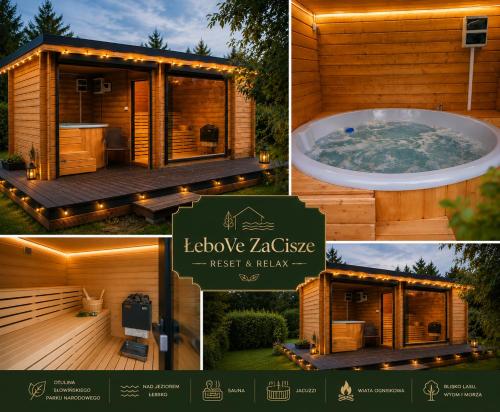 a collage of photos with a hot tub and a house at ŁeboVe ZaCisze Spa & Relax in Łeba