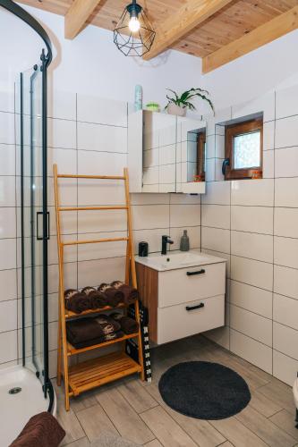 a bathroom with a sink and a shower at Lisie Bagno - Domki w Lesie Mazury in Miłomłyn