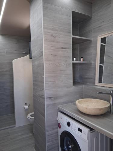 a bathroom with a sink and a washing machine at katina 26 in Pitsidia