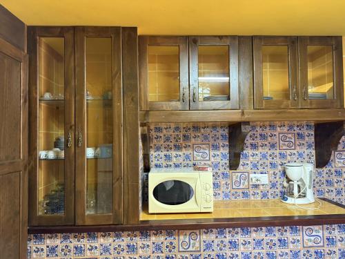 a kitchen with wooden cabinets and a microwave at BLEU MAISON-PAZO 1 CL in Campo Lameiro