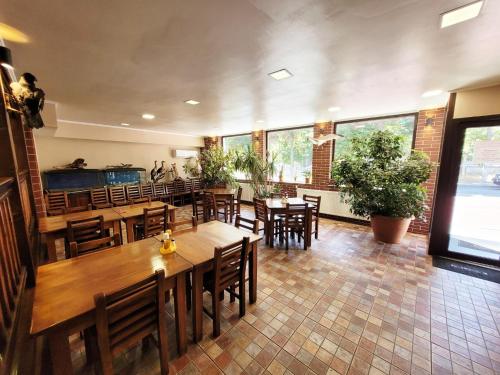 a restaurant with wooden tables and chairs and windows at Pensiune Iguana in Tulcea