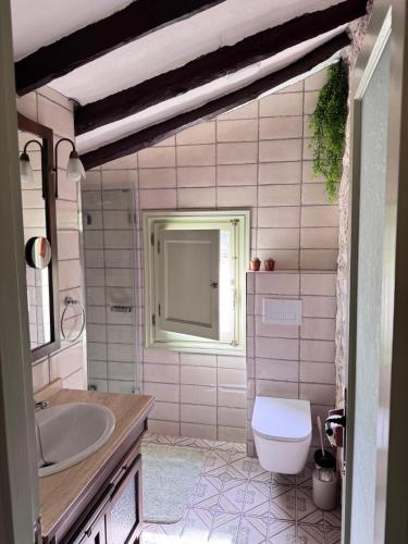 a bathroom with a white toilet and a sink at Casa de la Suerte in Benissa