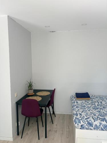 a bedroom with a table and chairs next to a bed at Ziemeļblāzma in Riga