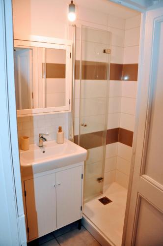 a bathroom with a sink and a shower at Dormir à Brioude - appartement 'esprit dune' in Brioude