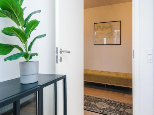 a plant sitting on a table in a hallway at Vedersø Holiday Center in Ulfborg