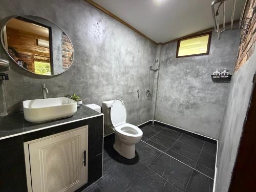 a bathroom with a toilet and a sink and a mirror at บ้านไม้ชายแดนกาแฟสดแอนด์โฮมสเตย์ in Ban Ba Nam Ron