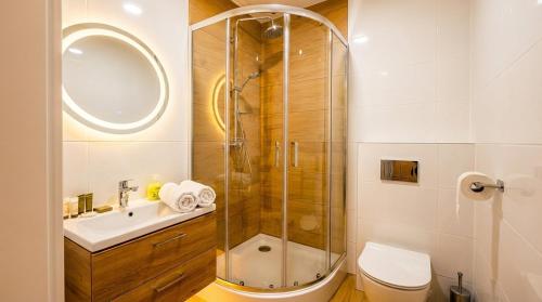 a bathroom with a shower and a toilet and a sink at Noce pod Gwiazdami in Sidzina