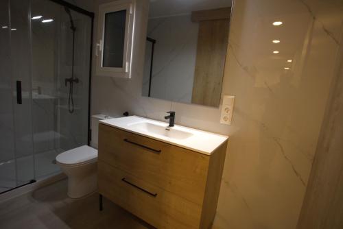 a bathroom with a sink and a toilet and a mirror at Camping Bon Repós in Santa Susanna