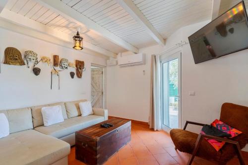 a living room with a couch and a tv at Quinta da Amora in Quinta do Anjo