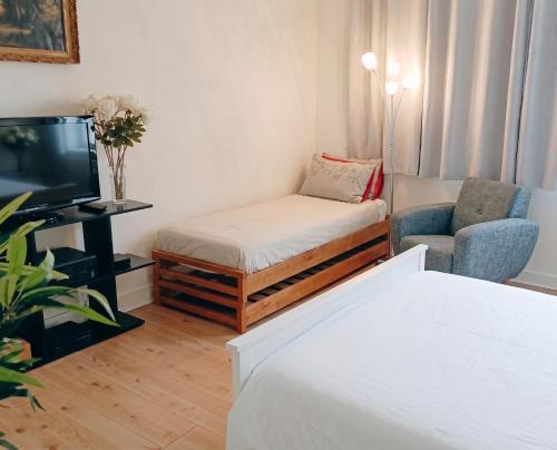 a room with a bed and a couch and a tv at Studio accueillant au cœur de Paris - 30 m² - Tout inclus. in Paris