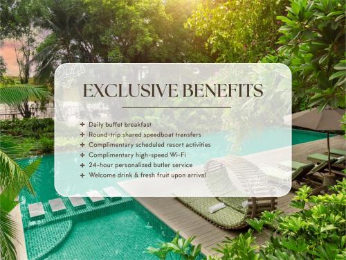a sign that says exclusive benefits next to a swimming pool at An Lam Retreats Saigon River in Ho Chi Minh City