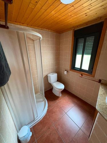 a bathroom with a shower and a toilet in it at Cabana do Sil in Forcas
