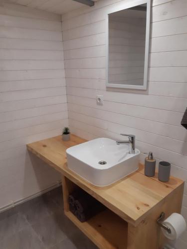 a bathroom with a white sink and a mirror at Cozy house for your holidays in Bernāti