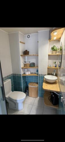 a bathroom with a toilet and a sink at Studio with sea and mountain view in Sainte-Agnès