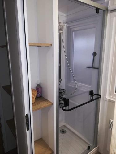 a shower with a glass door in a bathroom at MH 556 - Océan Landes in Saint-Julien-en-Born