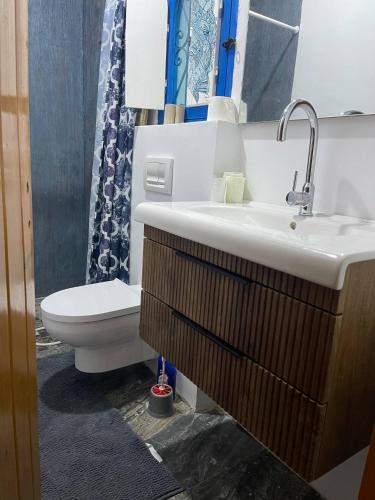 a bathroom with a sink and a toilet at Dar Mimouna Djerba in Tianest