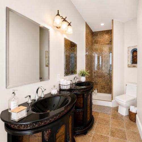 a bathroom with two sinks and a shower at Seaview Executive Home in Ladysmith