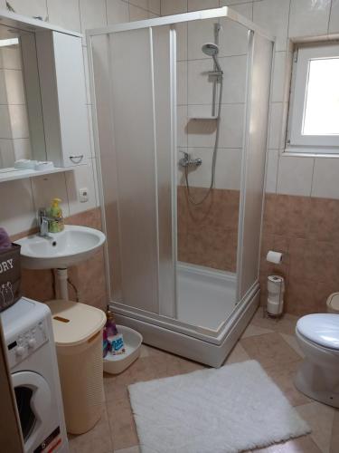 un baño con ducha, inodoro y lavabo en Apartman Miletic, en Mostar