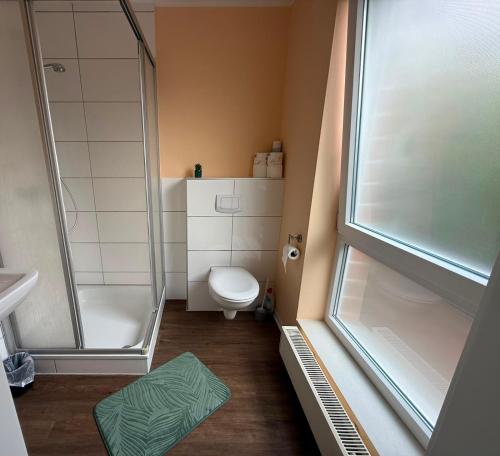 a small bathroom with a toilet and a shower at Hostel Nordkirchen by Frerichmann in Nordkirchen