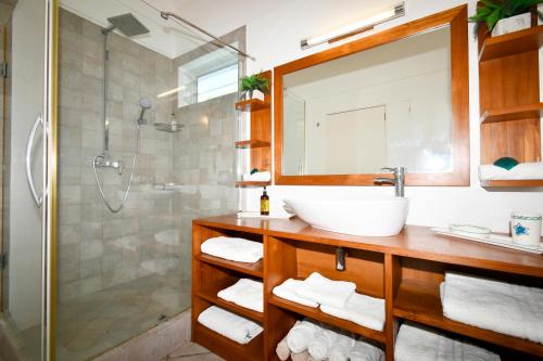 a bathroom with a sink and a shower at THE BAY in Trou d'Eau Douce