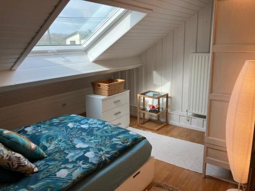 a bedroom with a skylight and a bed and a window at Villa Angela, appartement 3 chambres in Ovifat