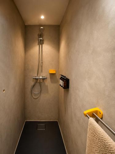 a bathroom with a walk in shower with a black floor at Chez Claude - Retro Chic Suite in Charleroi