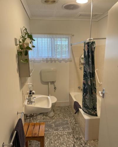 a bathroom with a sink and a toilet and a tub at Barossa Suites on Basedow in Tanunda