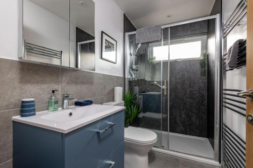 a bathroom with a toilet and a sink and a shower at Driftwood - Crail in Crail