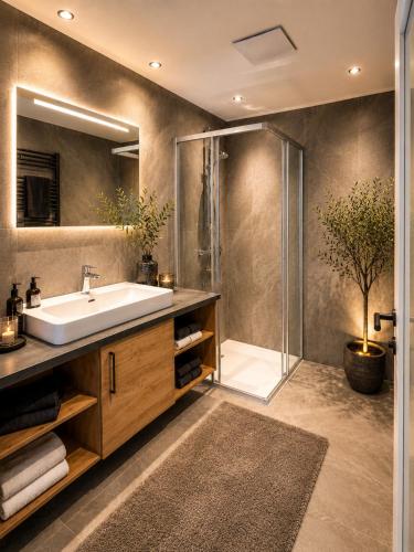 a bathroom with a sink and a shower at Bergdiamant Nauders in Nauders