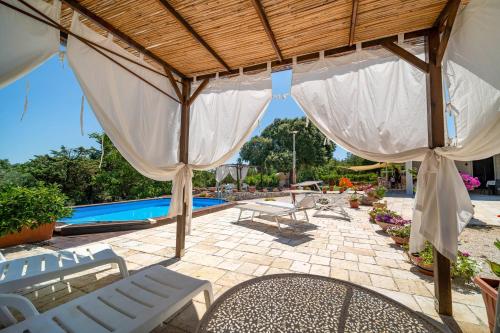 a patio with two umbrellas and a swimming pool at WePuglia - Canto dei Grilli in Noci
