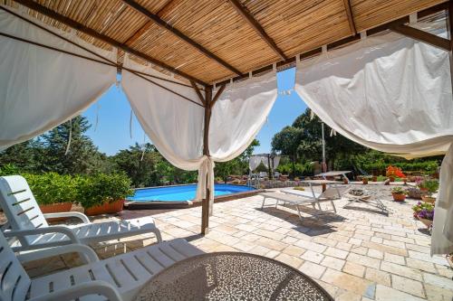 a patio with chairs and an umbrella and a pool at WePuglia - Canto dei Grilli in Noci