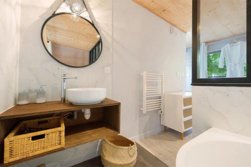 a bathroom with a sink and a mirror at La villa Grand Ouest in Plounéour-Trez